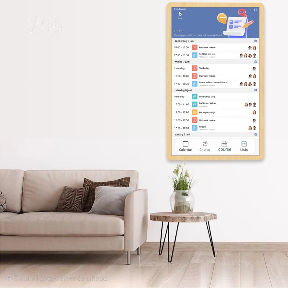 Familie Kalender Display met houten frame en white varnish